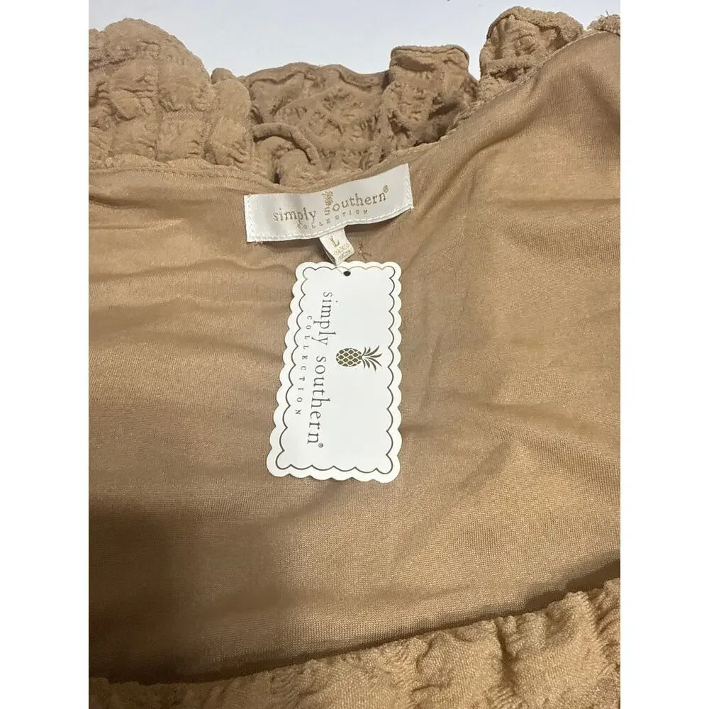 Simply Southern NWT Bubble Ruffle Mini Dress Size Large Brown Flowy Boho - Picture 11 of 11